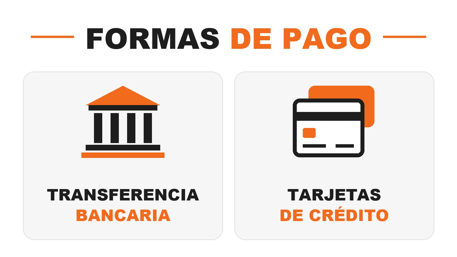 Formas de pago: transferencia bancaria y tarjetas de crédito